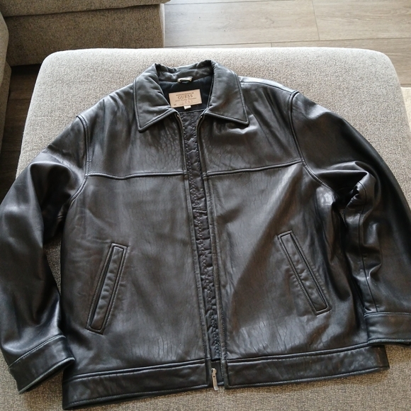Men's XL Black Classic Straight Zip Leather Jacket Vintage 90s Guess Company Y2K